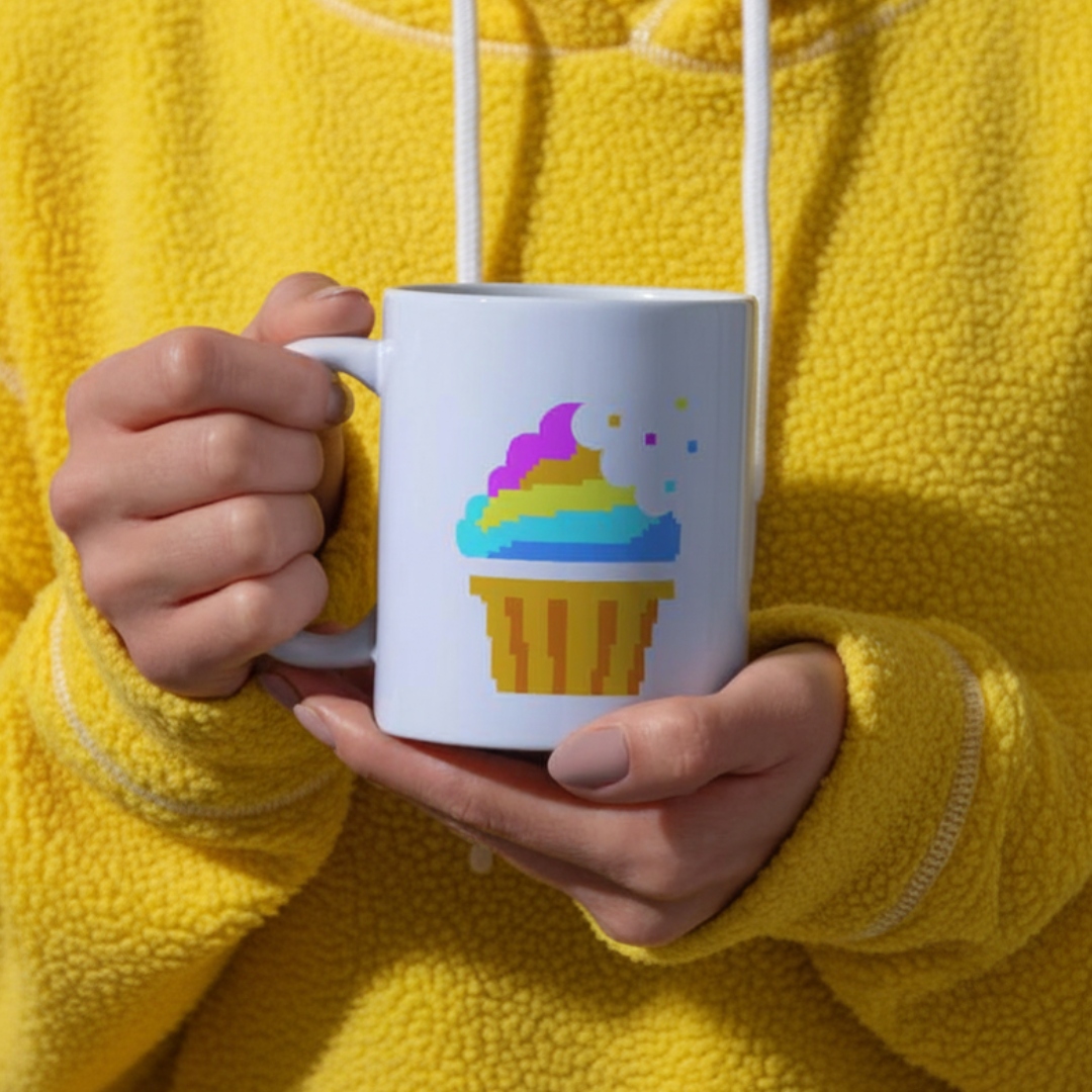 Piece of Cake Web Design Gloucestershire - Logo on a mug, being held by a woman in a yellow hoody